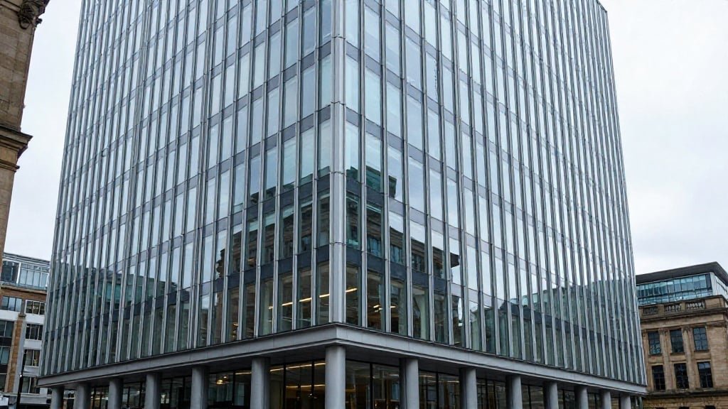 Commercial office building in Glasgow business district with modern glass facade and traditional architecture