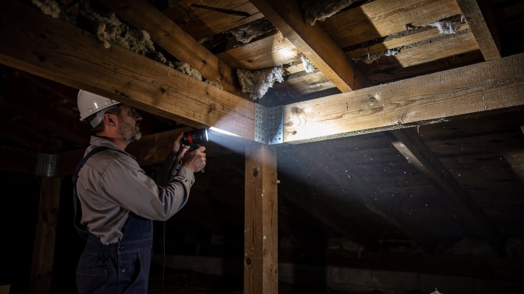 Professional surveyor inspecting roof structure in attic space with flashlight examining timber beams