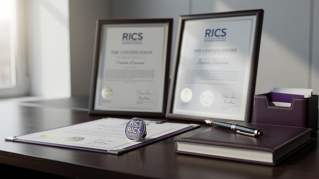 RICS Royal Institution of Chartered Surveyors certification documents and professional accreditation badges