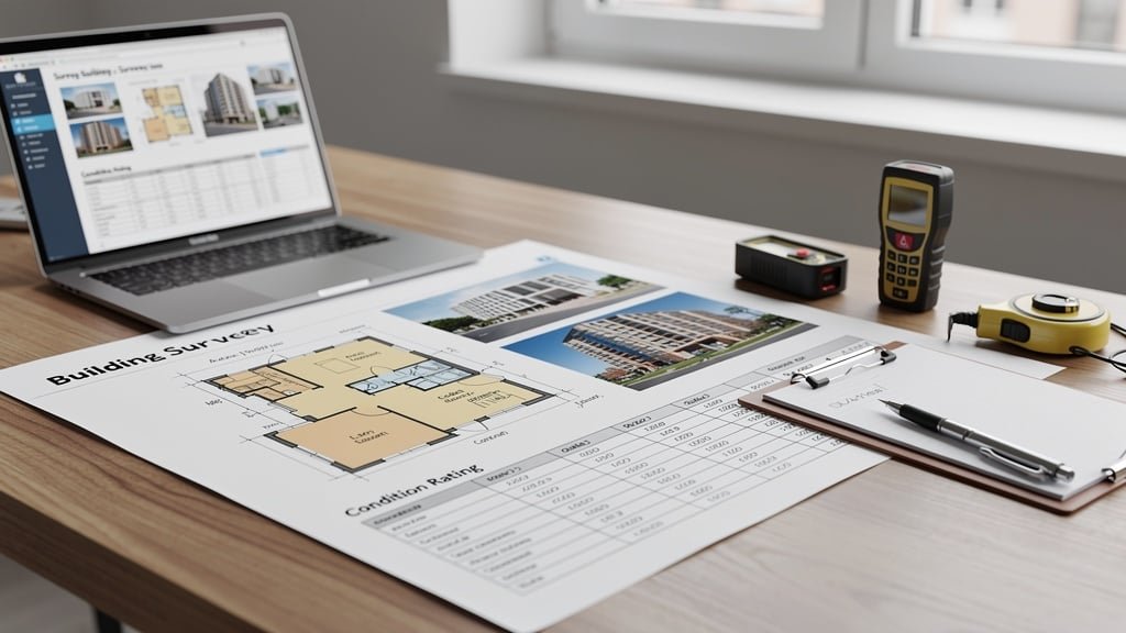 Professional building survey documents and property floor plans on desk with surveying equipment