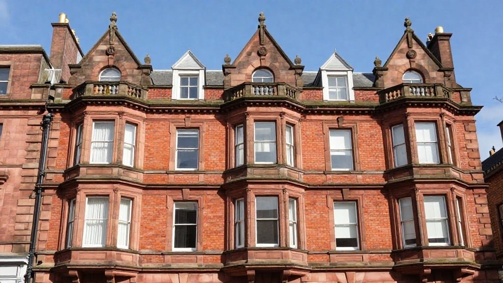 Beautiful Victorian red sandstone tenement building facade in Glasgow with bay windows and ornate stonework