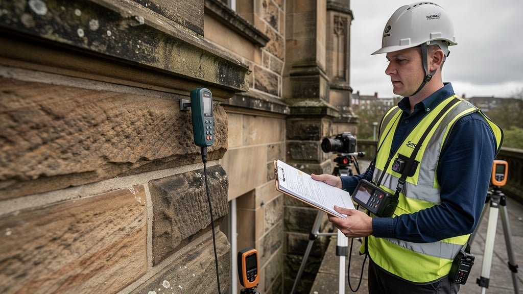 Surveyor conducting detailed building inspection