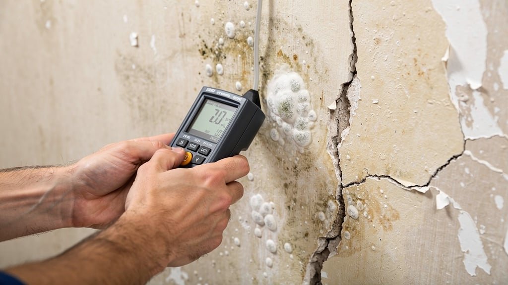 Specialist surveyor conducting detailed damp inspection using moisture meter