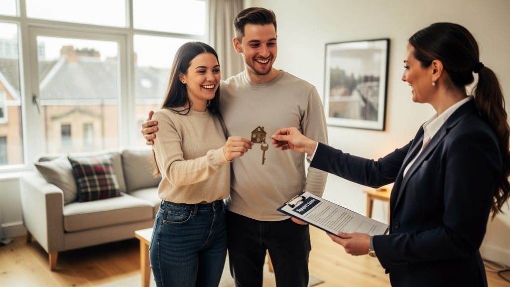 Happy couple receiving keys to their new home after successful survey