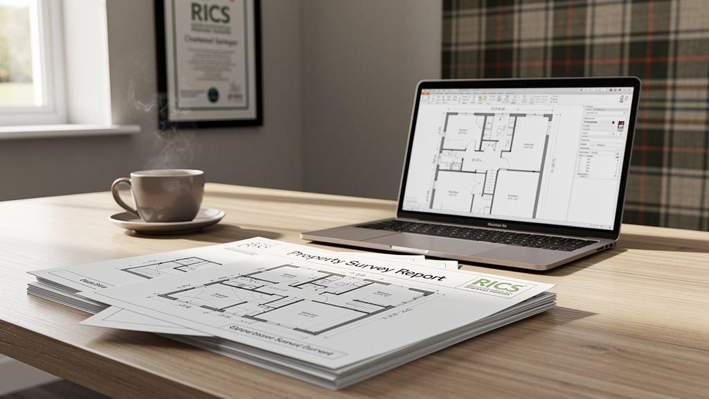 Professional home report documents and property survey on desk